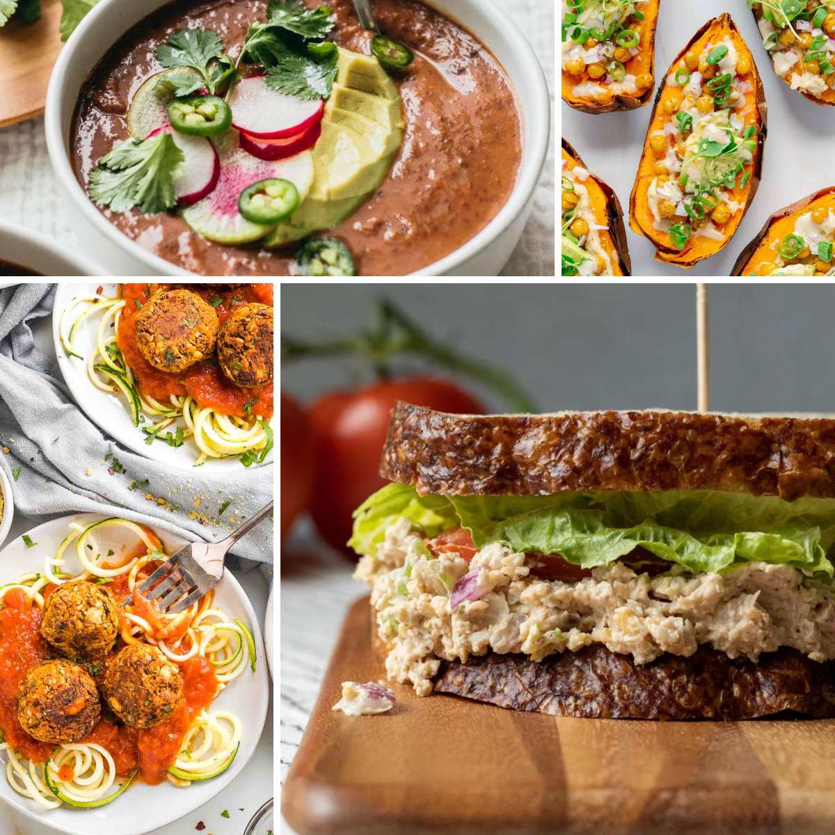 A collage of four meatless monday recipes including vegan tuna sandwich, black bean soup, vegan meatballs and stuffed sweet potatoes.