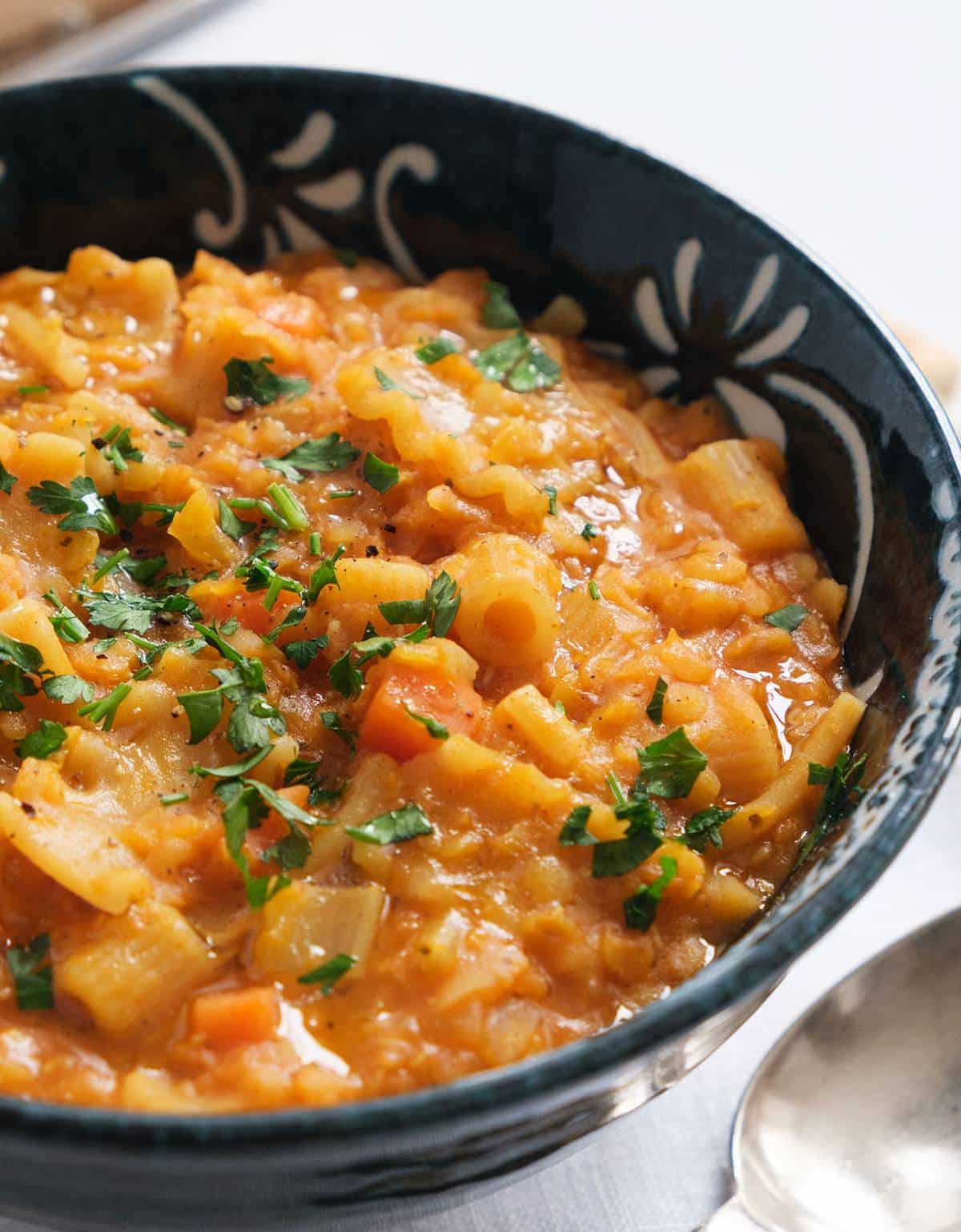 Bowl of red lentil pasta.