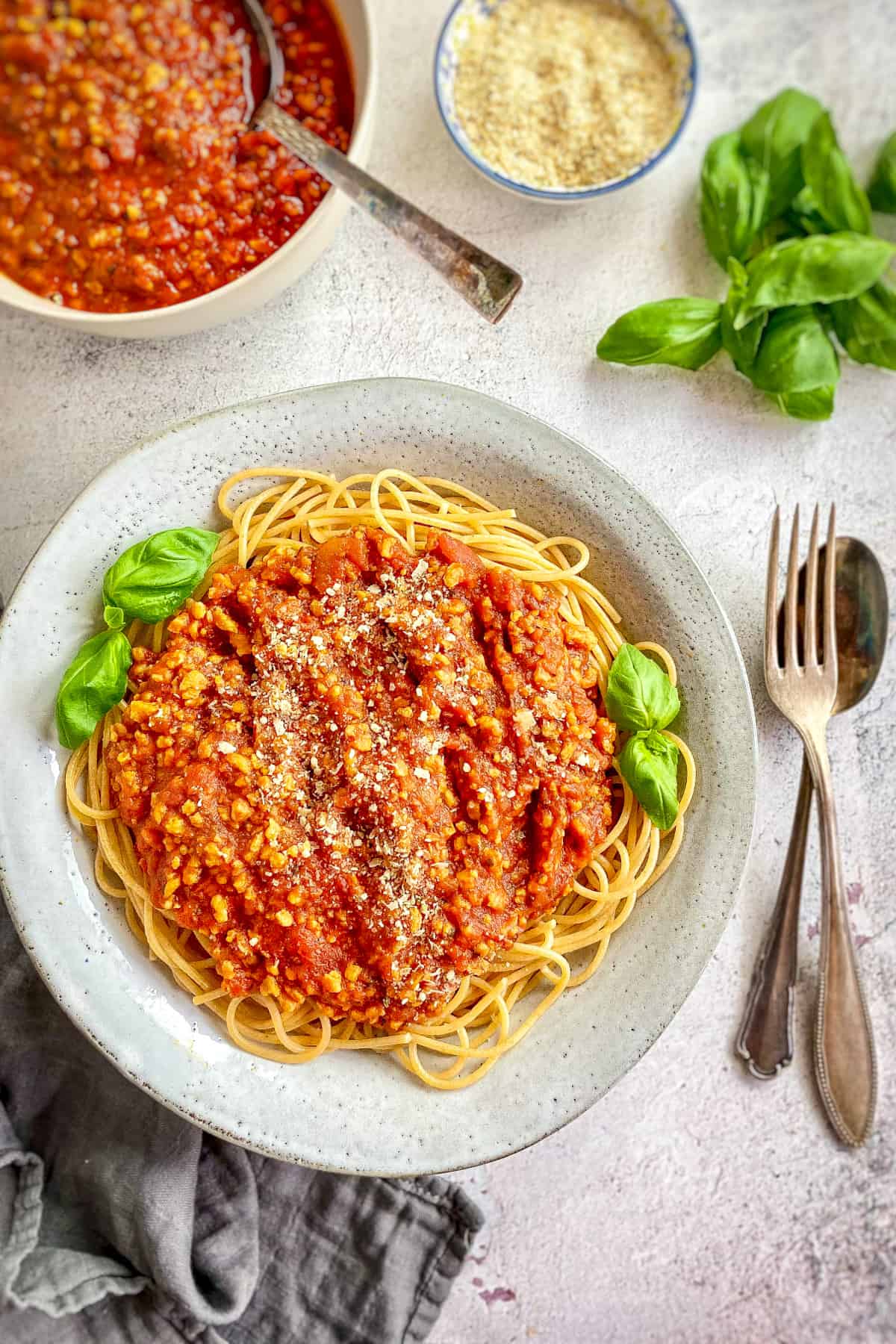 Plate of vegan spaghetti with "meat" sauce.