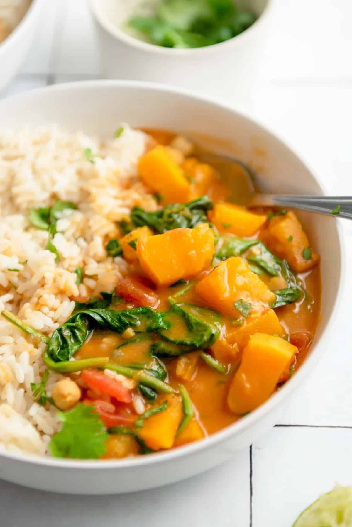 Bowl filled with half rice and half vegan chickpea butternut squash