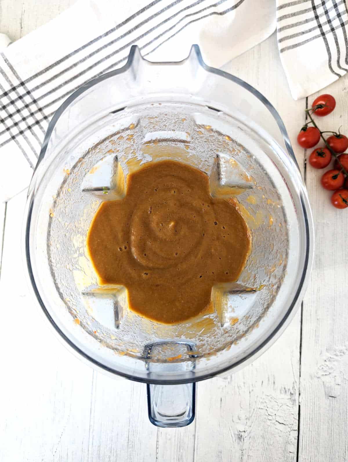 Cherry tomato soup in blender pitcher after blending until smooth.