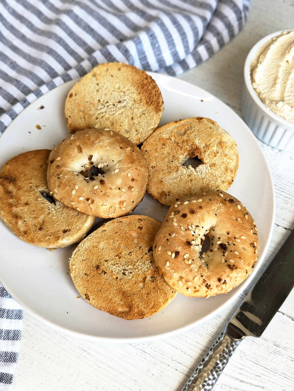 Plated full of air fried bagels.