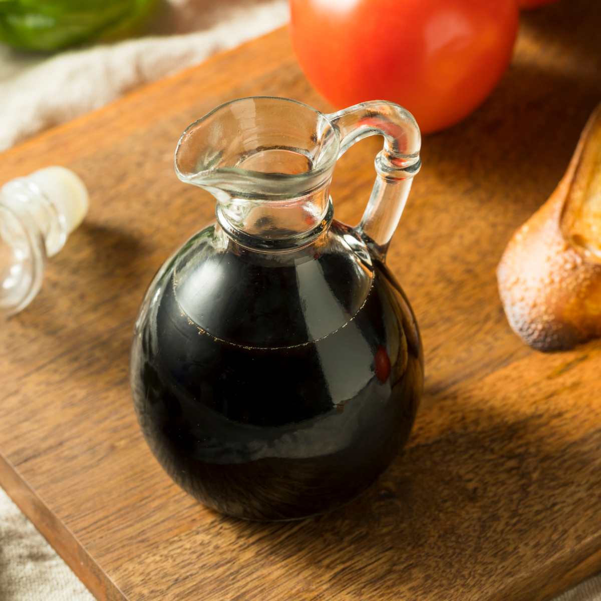 Balsamic vinegar in a glass pitcher.