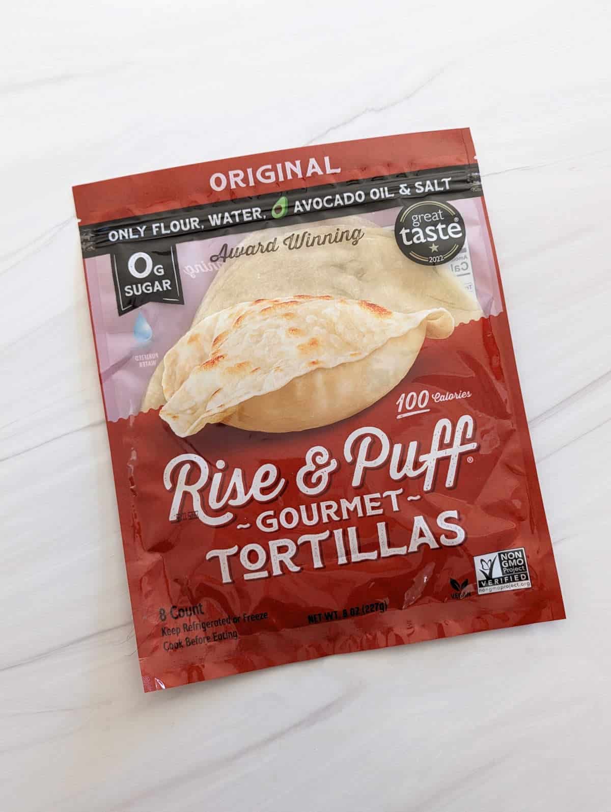 Rise and Puff tortilla packaging on a light background.