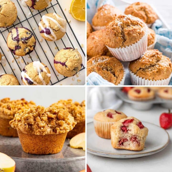 A collage of four vegan muffins including strawberry, apple, lemon blueberry, and cinnamon coconut.