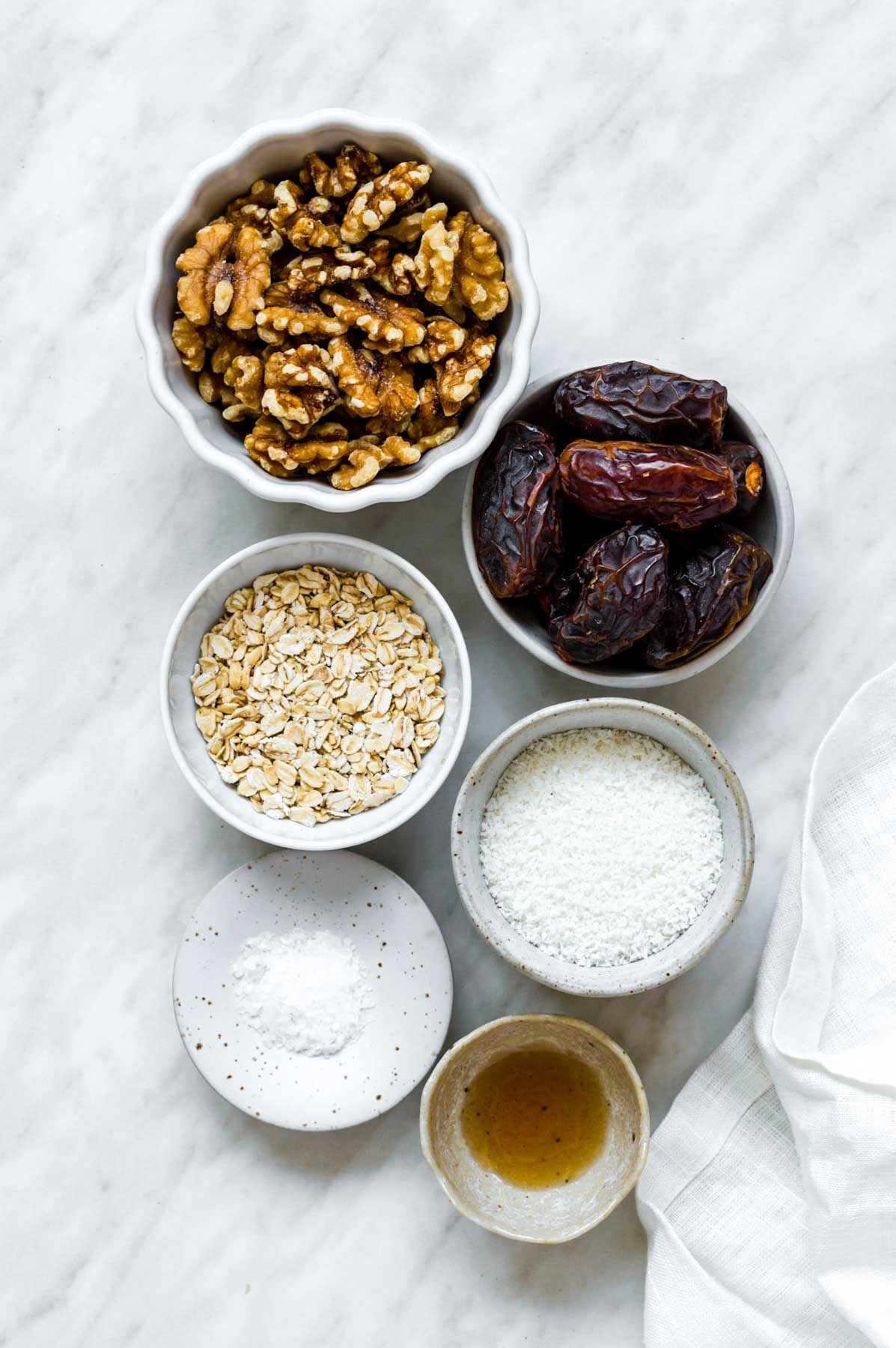 Gathered ingredients for making bliss balls.