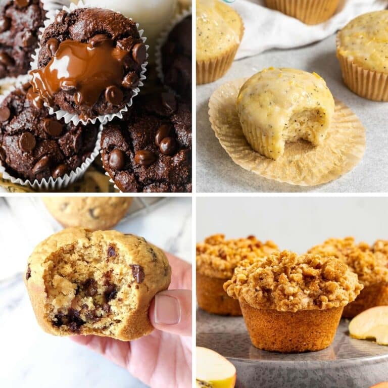 A collage of four vegan muffins including chocolate, lemon poppy seed, chocolate chip, and vegan apple muffins with streusel.
