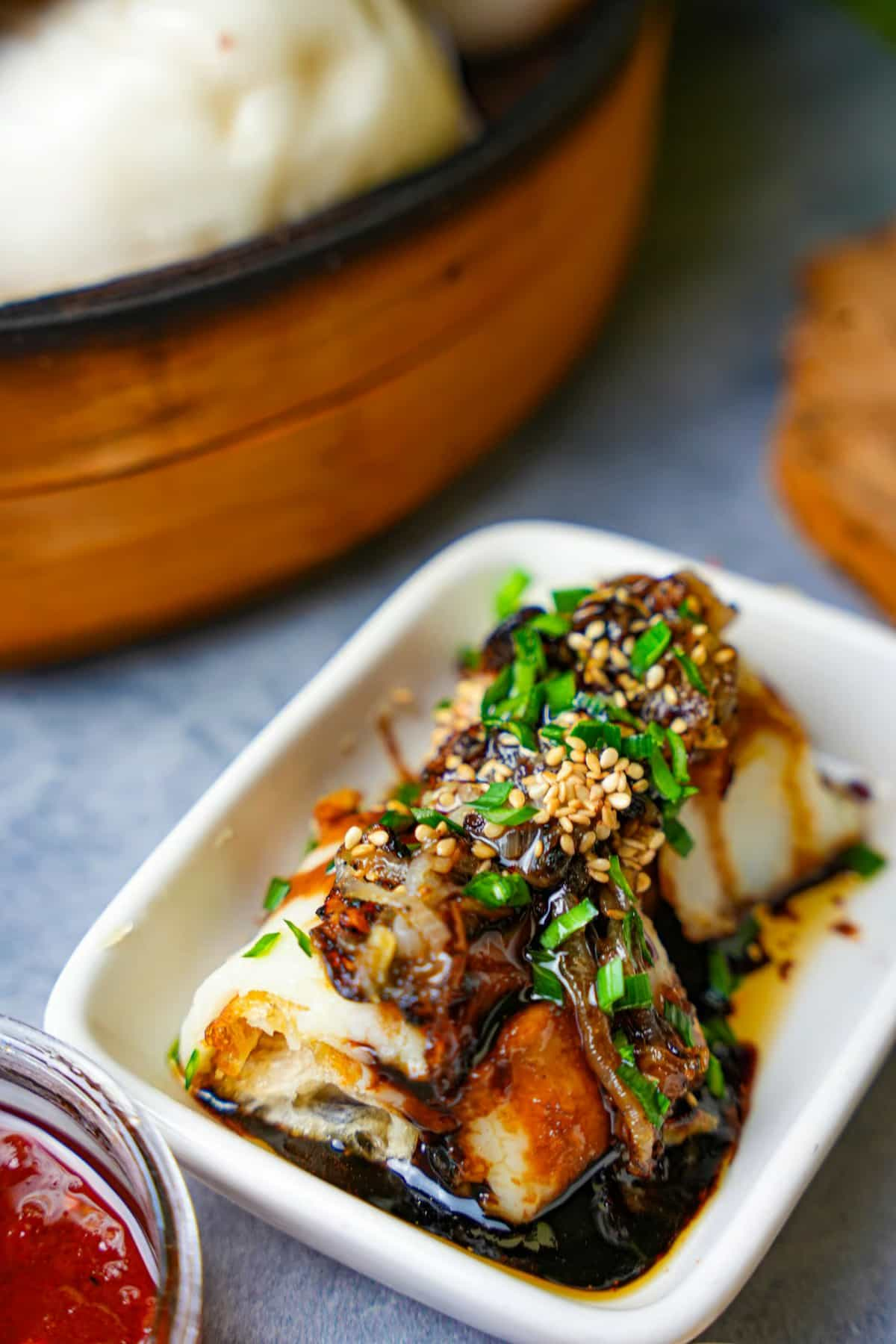 Chee Cheong Fun on a serving platter.