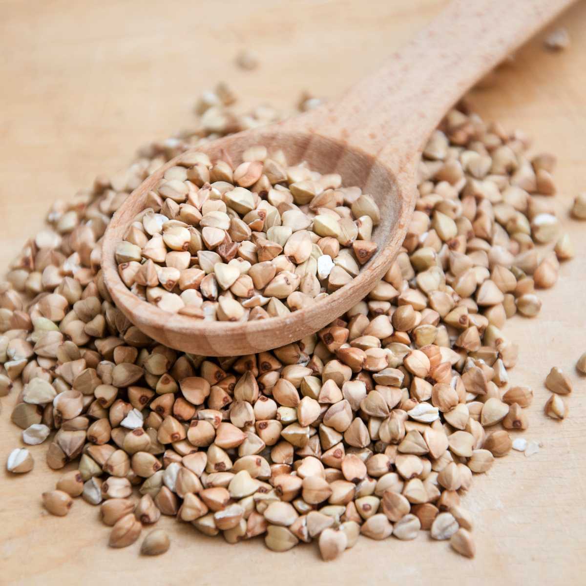 Wooden spoon holding dry buckwheat.