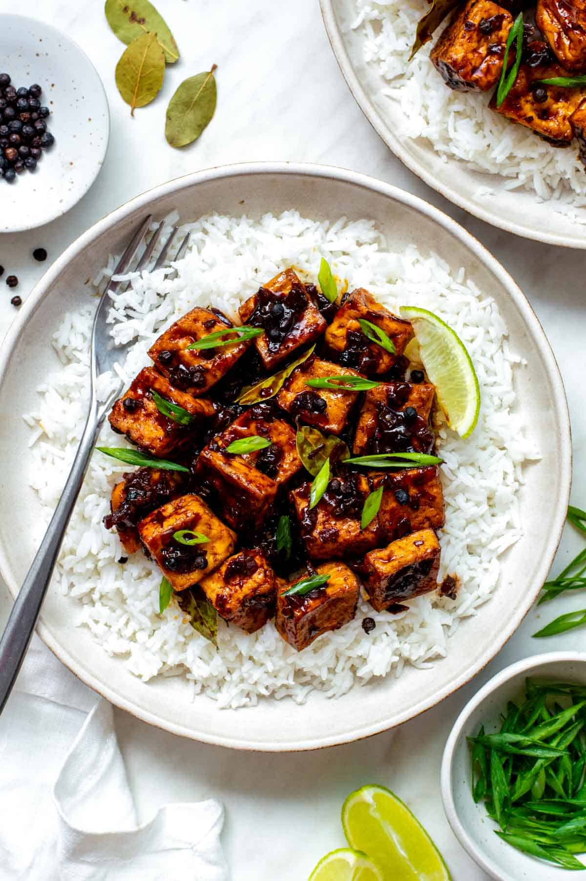Tofu adobo served over a bed of rice and topped with sliced green onion.