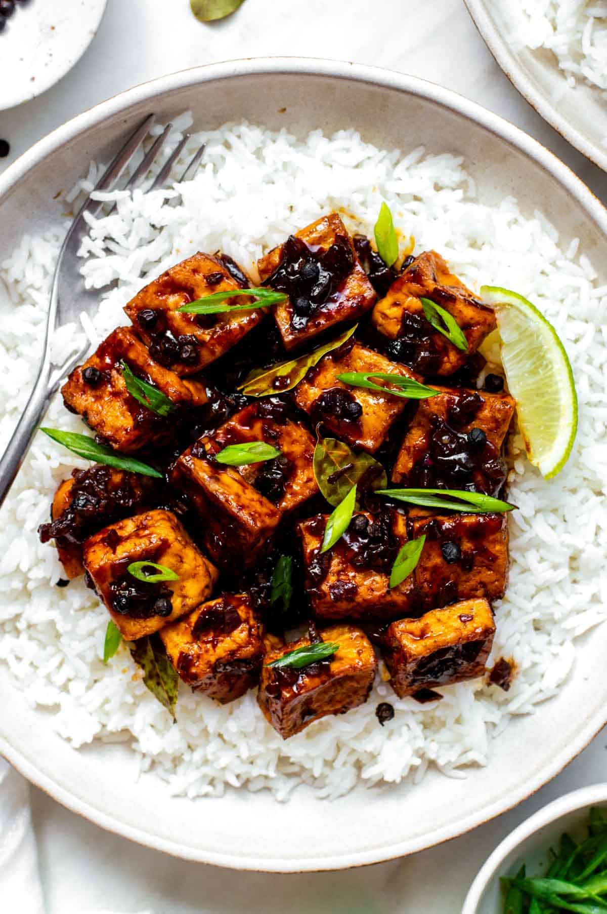 Tofu adobo served in a white plate over cooked rice and topped with scallions.