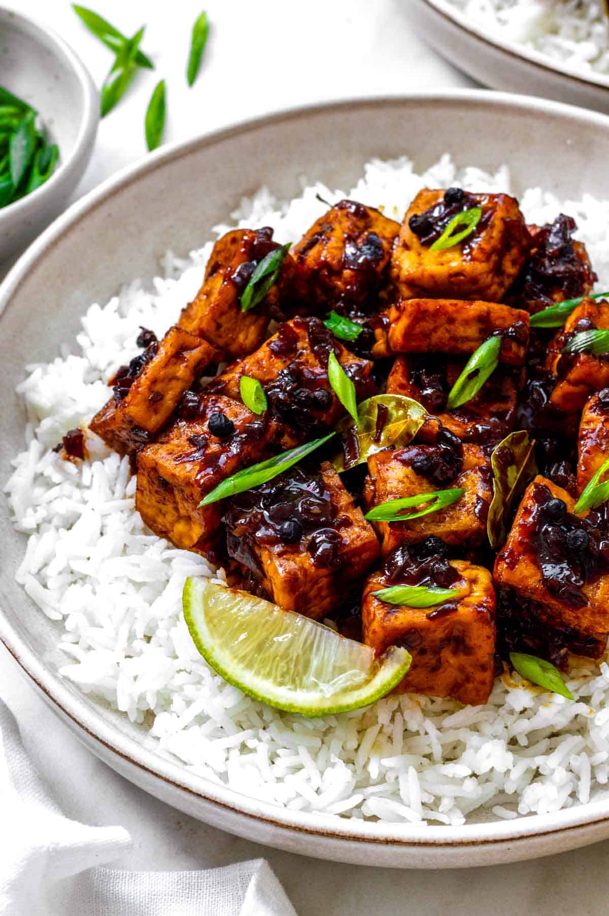 A white plate filled with tofu adobo served over a bed of rice. A lime wedge placed next to the tofu.