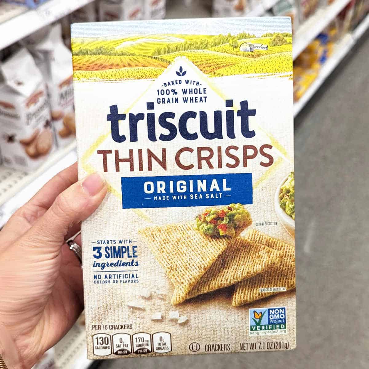 A box of Triscuit thin crisps crackers.