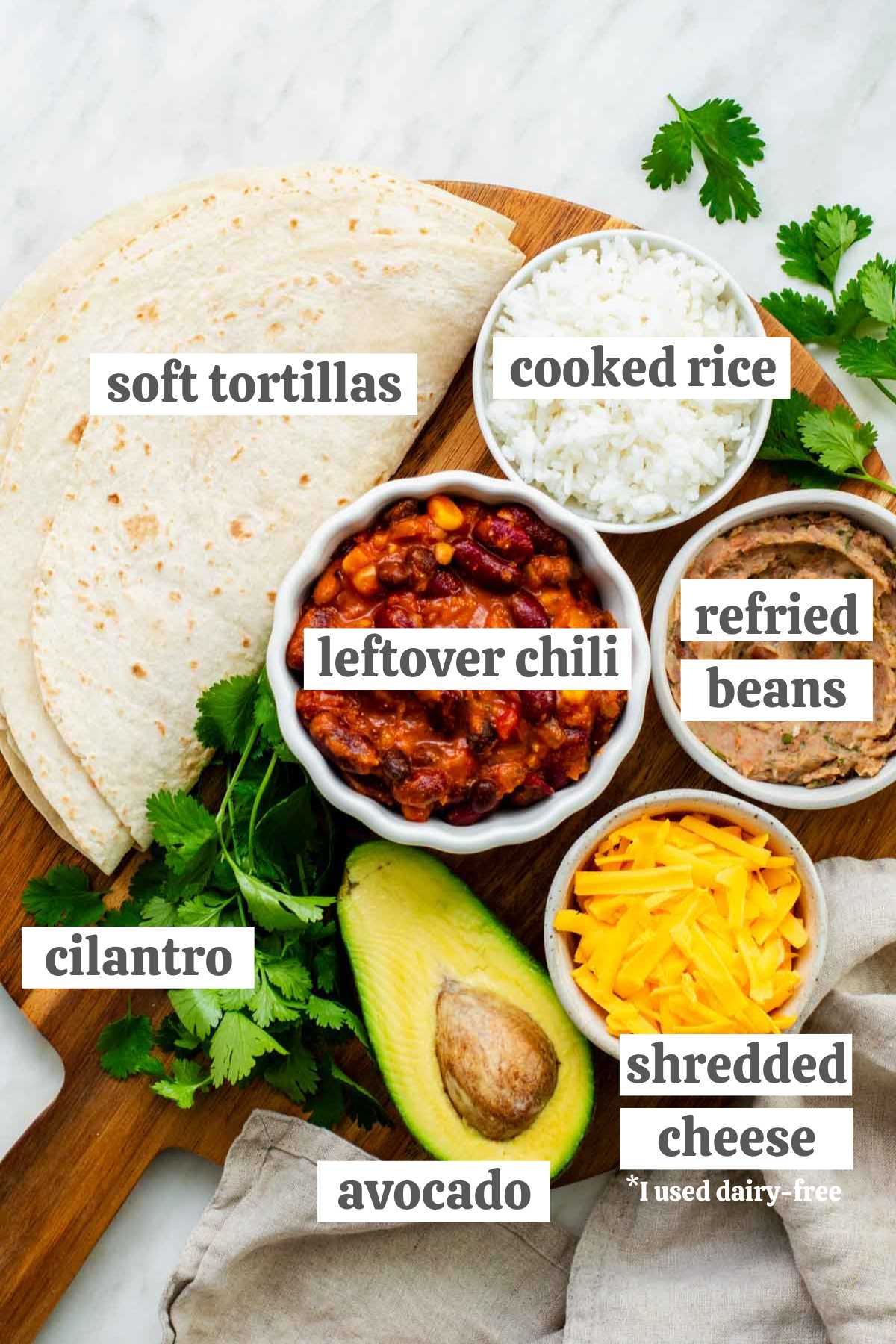 Ingredients for these chili burritos, labeled.