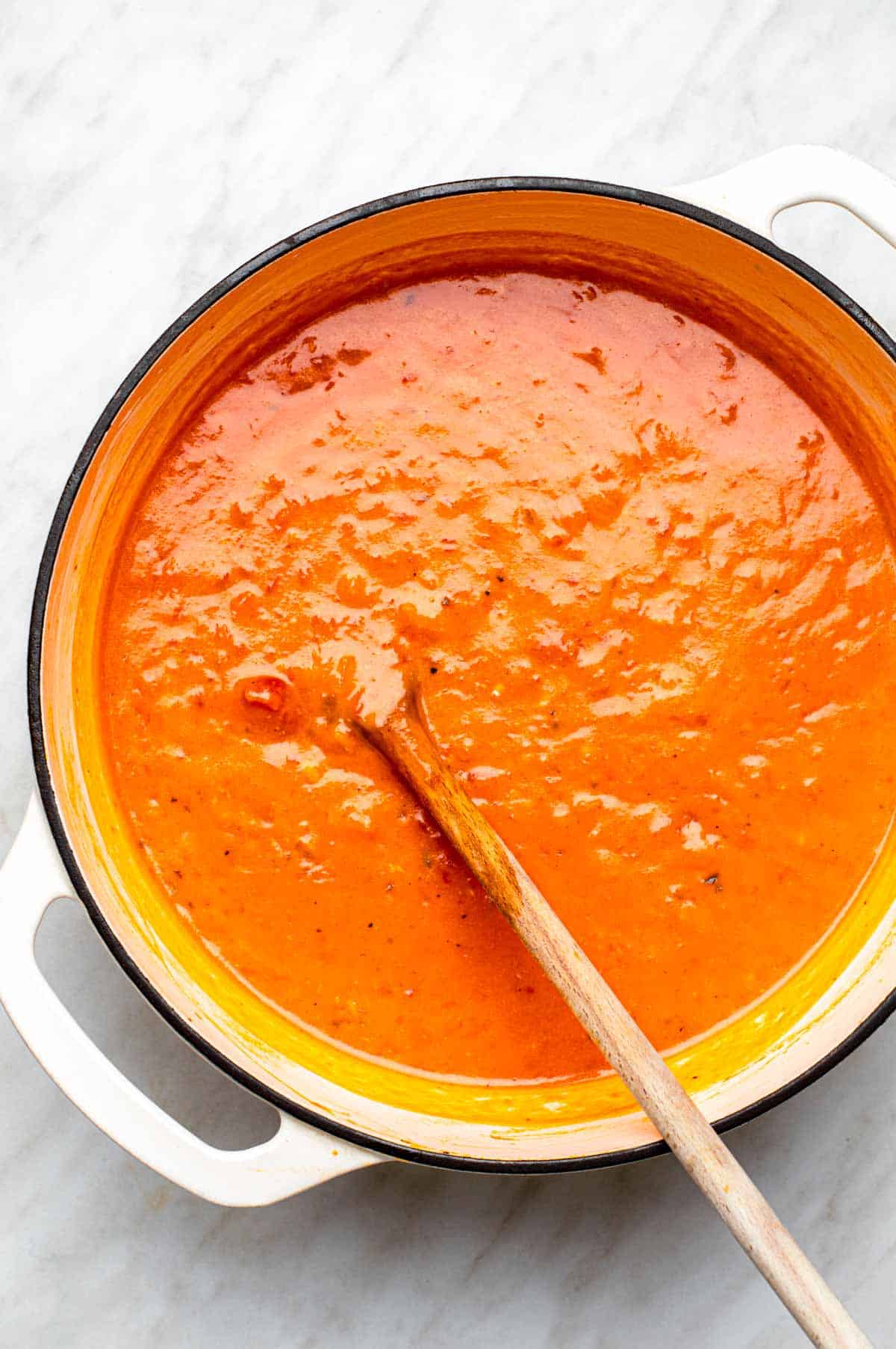 Coconut milk pasta sauce in dutch oven.