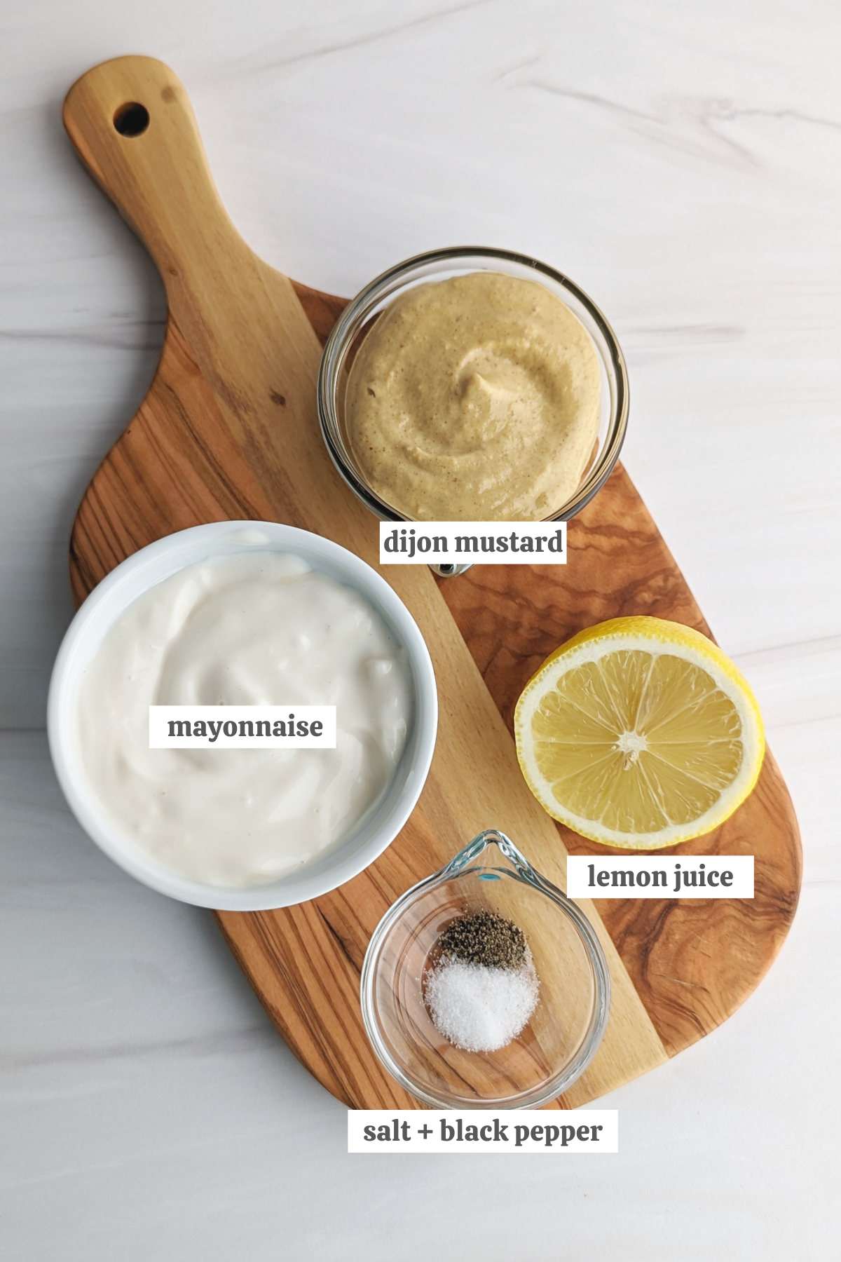 Gathered ingredients for this dijonnaise recipe.