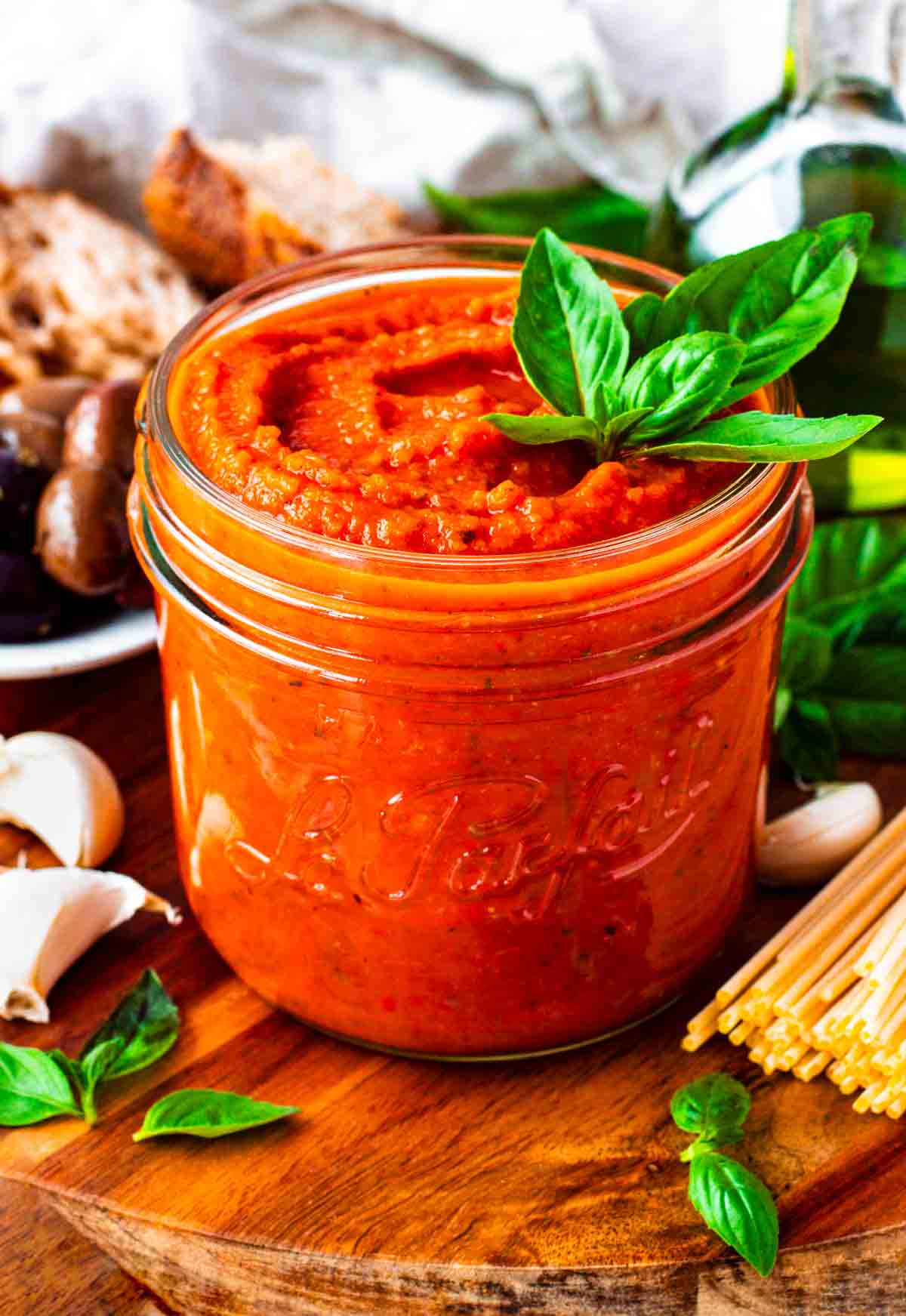 Hidden veggie pasta sauce in a glass jar.