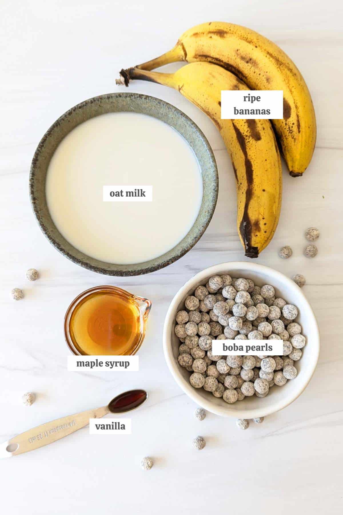 Gathered ingredients for this banana boba recipe with labels.