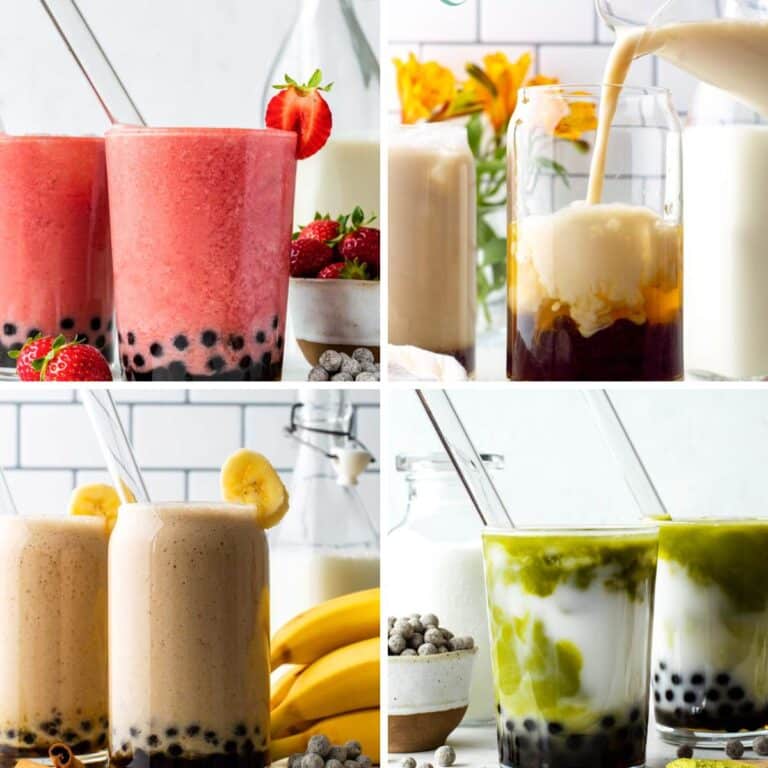 A collage of four bubble tea recipes including strawberry, matcha, banana, and vanilla.