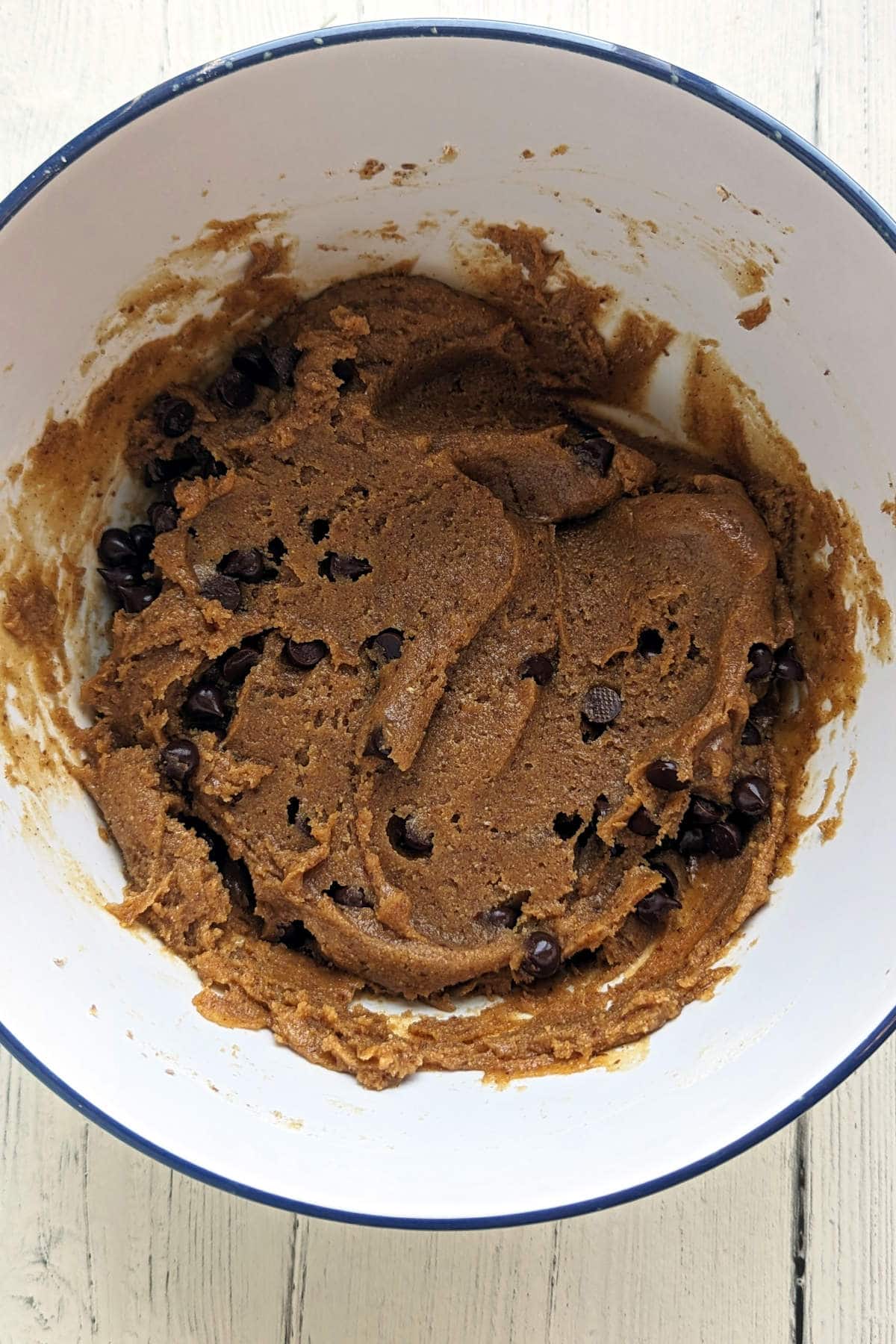 Vegan peanut butter cookie batter with chocolate chips folded in.
