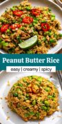 Peanut butter rice on a plate, topped with lime and chili, with chopsticks placed beside it.