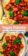 Vegan polenta with chickpeas and tomatoes on a plate with a fork, topped with fresh herbs.