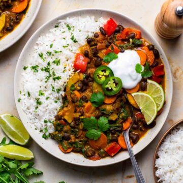 Black bean curry served with fresh cilantro on top, alongside a bowl of rice.