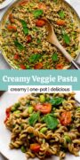 creamy veggie pasta in a pan with a wooden spoon and on a plate with a fork.