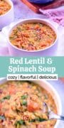 red lentil and spinach soup in a bowl.