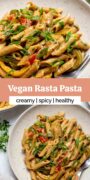 A plate of vegan Rasta pasta served with a fork, featuring colorful vegetables and a creamy sauce.