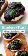 Blueberry toast with creamy spread, fresh basil, and a sprinkle of lemon zest on a white plate.