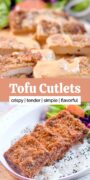 Crispy vegan tofu cutlets on a plate.